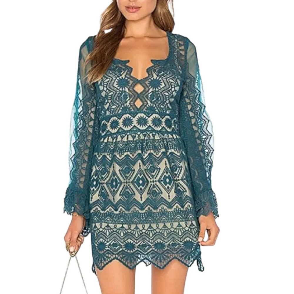 JEN'S PIRATE BOOTY Teal Sea Glass DIABLESSE LACE MINI DRESS Nude Liner Crochet S